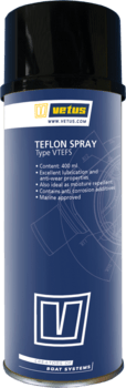VTEFS Teflon spray VETUS Teflon Spray er et bredt anvendeligt smøremiddel, der bruges til rengøring, smøring og beskyttelse mod snavs og fugt.