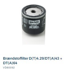 VD60092  brændstoffilter til D(T)4,29/DT(A)/DT(A)64 / BOSCH GEVIND