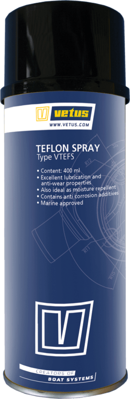 VTEFS Teflon spray VETUS Teflon Spray er et bredt anvendeligt smøremiddel, der bruges til rengøring, smøring og beskyttelse mod snavs og fugt.
